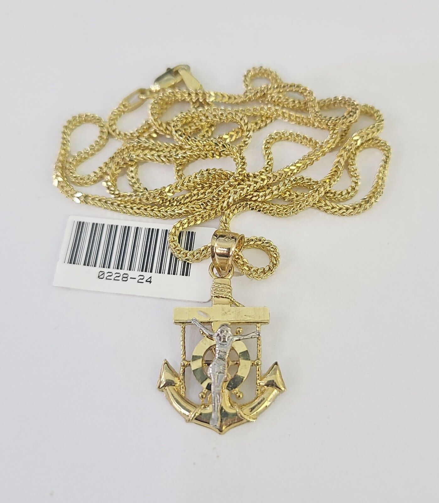 10K Solid Franco Chain Jesus Anchor Pendant Charm Necklace 18"-24" 1mm Gold