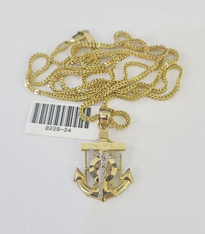 10K Solid Franco Chain Jesus Anchor Pendant Charm Necklace 18"-24" 1mm Gold