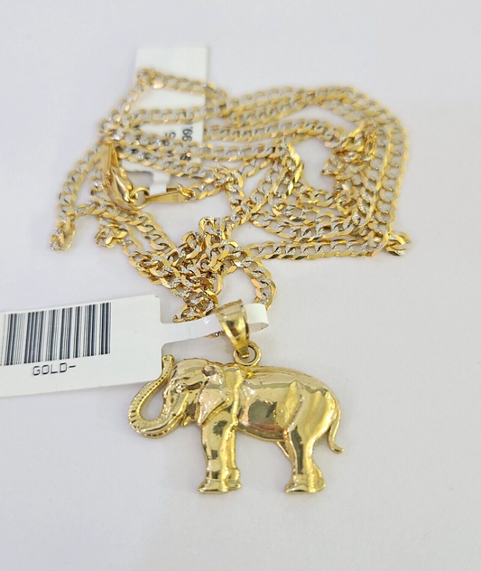 10k Solid Gold Cuban Curb Chain Elephant Pendant 2mm 18"-24" SET Necklace