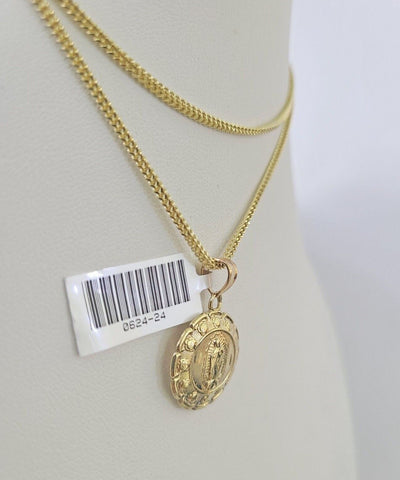 10K Solid Franco Chain Jesus Virgin Mary Pendant Charm Necklace 18"-24" 1mm Gold