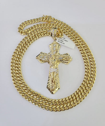 10K Miami Cuban Link Chain Jesus Cross Pendent Charm 6mm 20"-30" Necklace