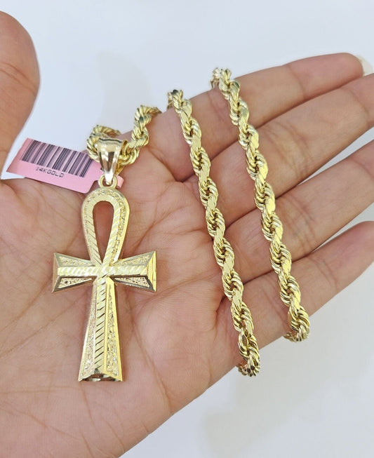 Real 14k Yellow Gold Rope Chain Ankh Cross Charm Set Link 5mm 18-26 Inch Necklace