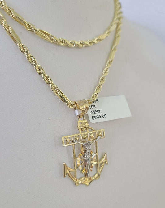 10k Milano Rope Chain Jesus Anchor Charm Necklace SET 3mm 18" 20" 22" 24"