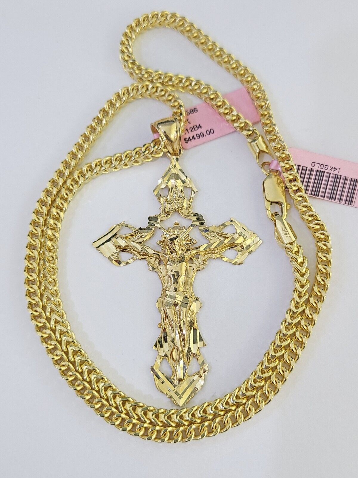 14K Franco Chain Jesus INRI Cross Pendant Charm Necklace 20"-26" 4mm Gold