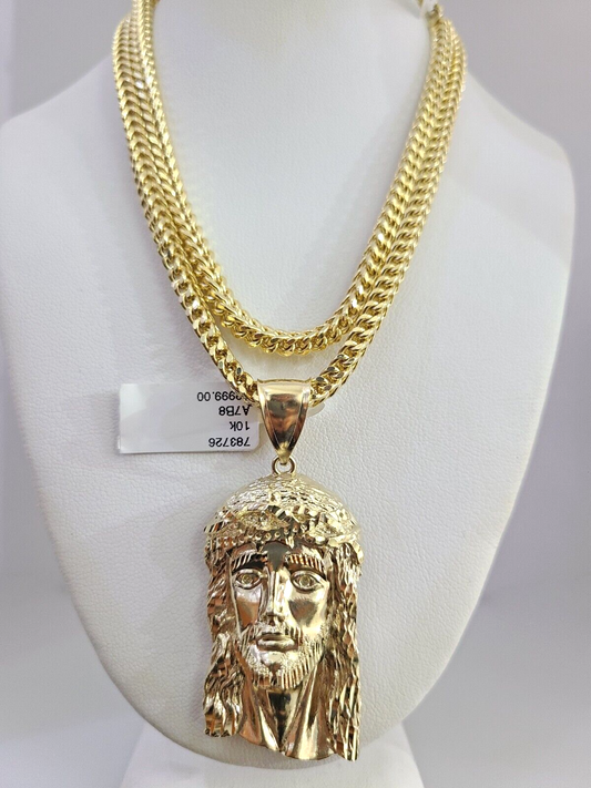 10K Franco Chain Necklace Jesus Head Pendant Charm 20"-28" 4mm Yellow Gold SET