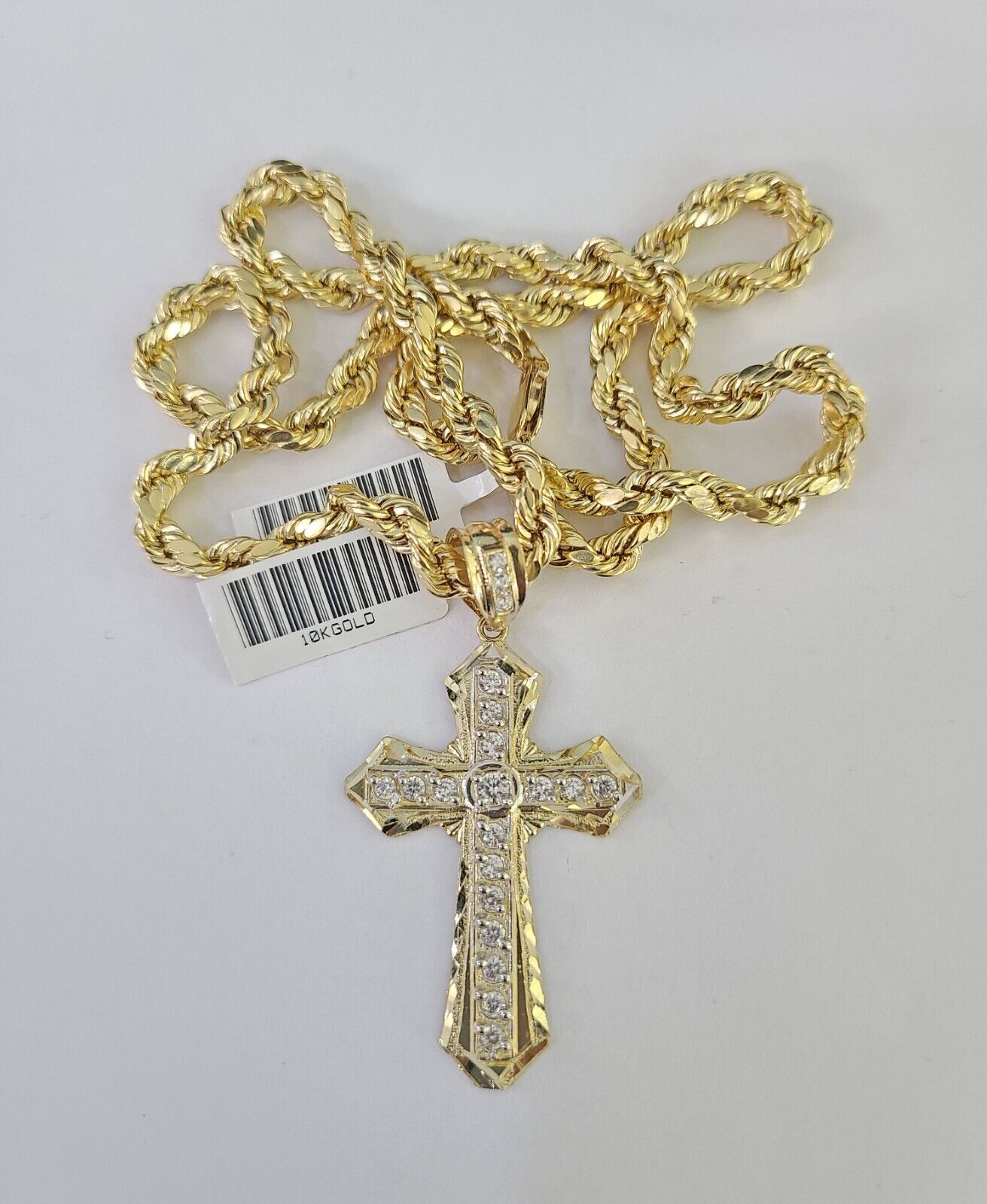 Real 10k Rope Chain Jesus Cross Charm Necklace Pendant Set 5mm 20"-30" Inch Gold