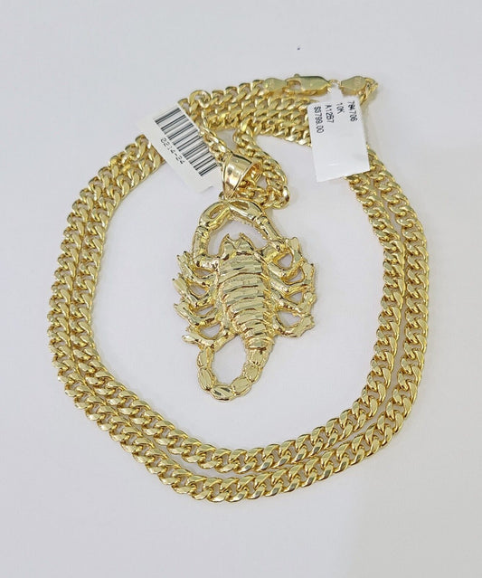 Real 10k Miami Cuban Chain Scorpion Charm Set 4mm Yellow Gold Necklace Pendant