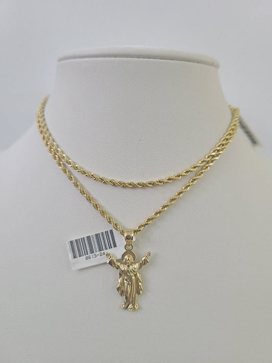 10k 2.5mm Rope Chain Jesus Pendant 18"-30" Yellow Gold Set Charm Necklace