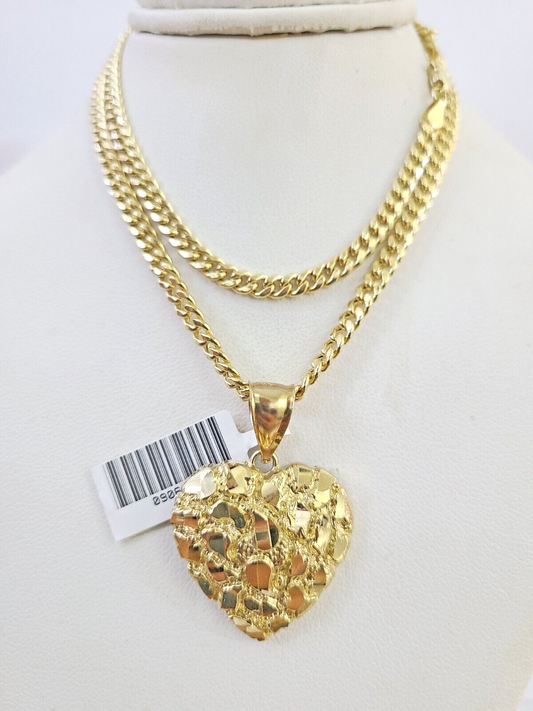 10k Miami Cuban Chain Nugget Heart Charm Set 4mm 18"-28" Necklace Yellow Gold