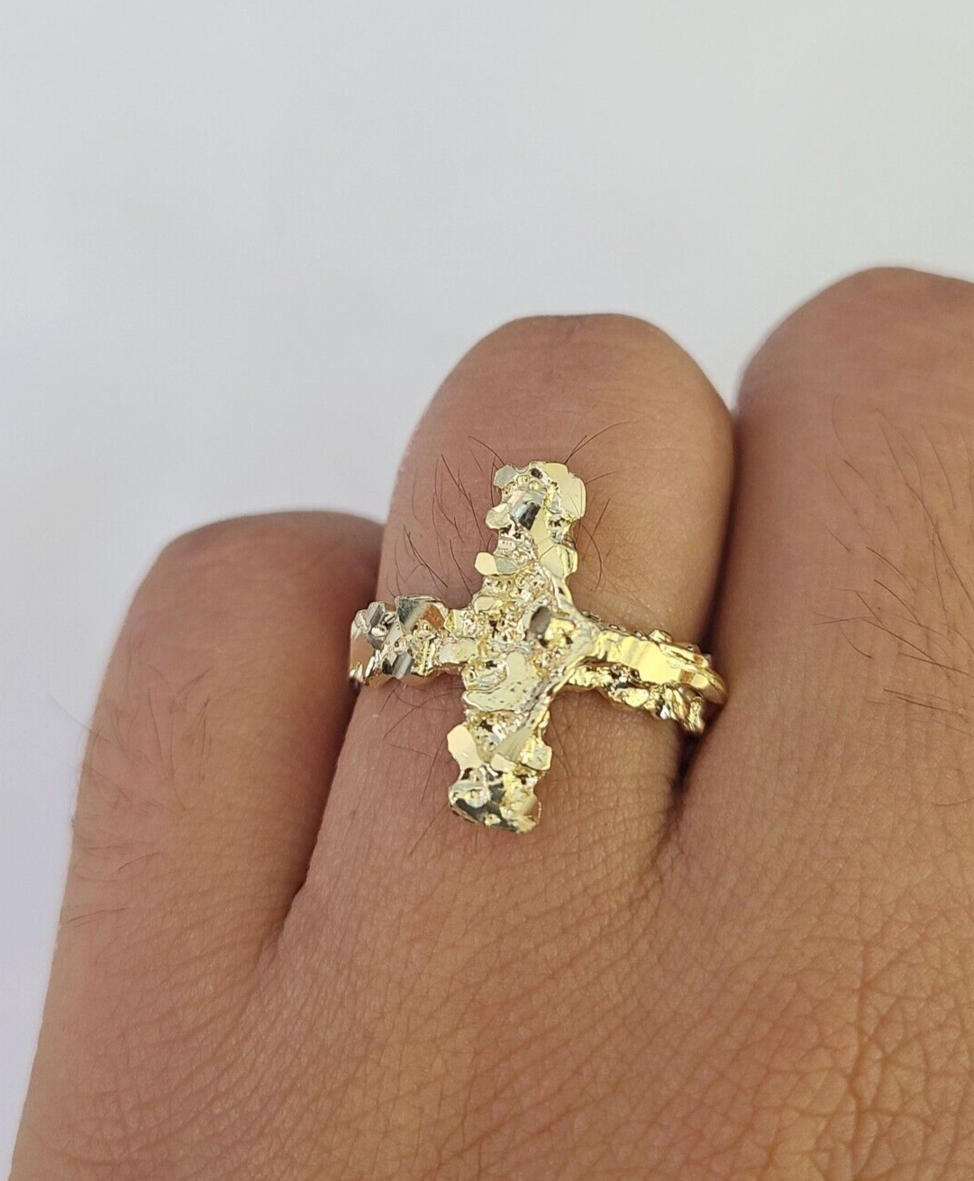 REAL 10K Gold Jesus Cross Nugget Ring Band Style Rings 10Kt Yellow