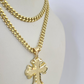 10k Miami Cuban Chain Jesus Cross Charm Pendant Set 5mm 18"28" Necklace Gold