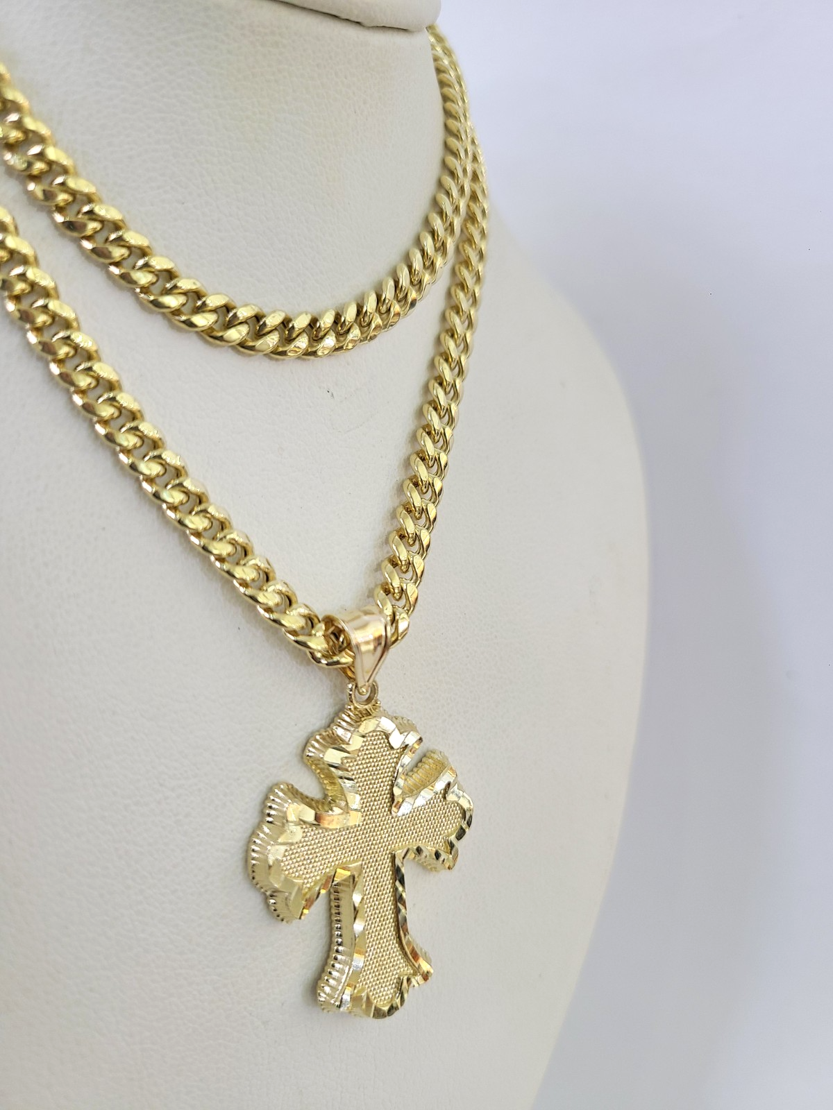 10k Miami Cuban Chain Jesus Cross Charm Pendant Set 5mm 18"28" Necklace Gold