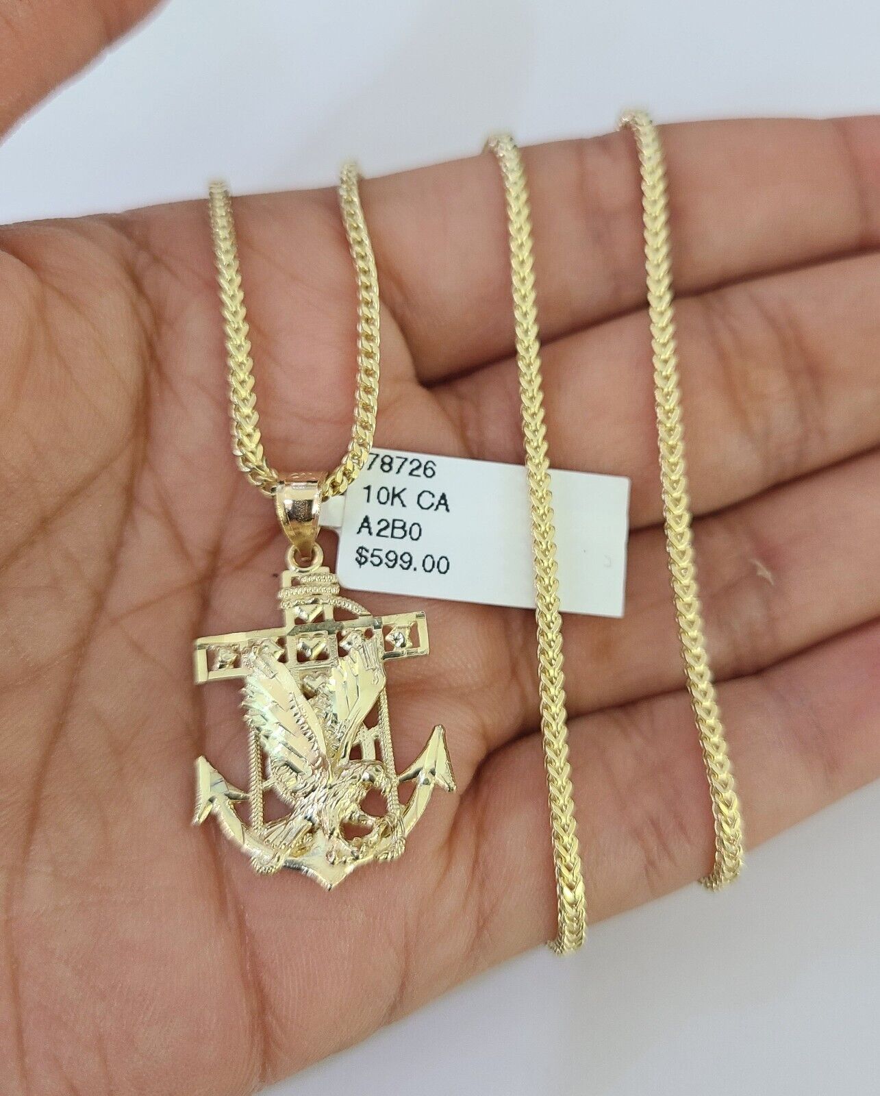 10K Franco Chain Eagle Anchor Pendant Charm Necklace 16"-24" 2mm Gold SET Yellow