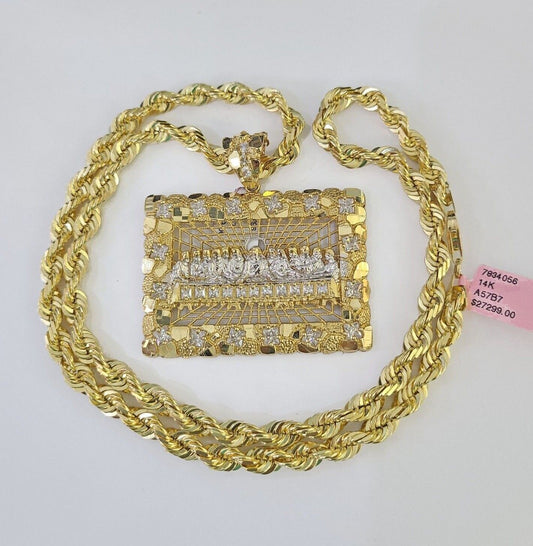 Real 14k Solid Rope Chain Last Supper Charm Set 6mm 18"-30" Necklace Gold