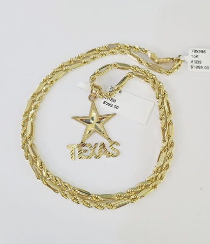 10k Milano Rope Chain Texas Charm Necklace SET 3mm 18" 20" 22" 24" Pendant