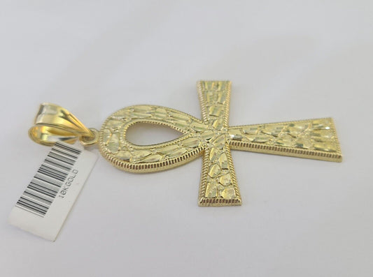 10k Ankh Cross Pendant Jesus Cross Nugget Style Yellow Gold Charm Real Genuine