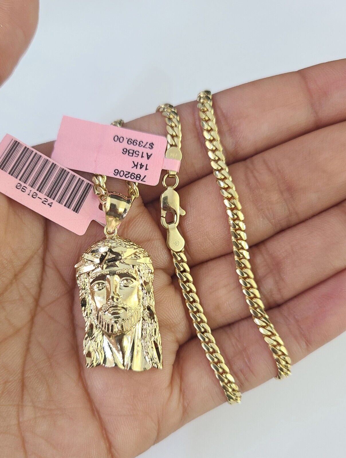 Real 14k Solid Chain Jesus Head Charm Set Miami Cuban 3mm Necklace Pendant