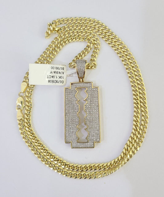 10k Miami Cuban Chain Razor Blade Charm Diamond Set 4.5mm 20"-28" Necklace Gold