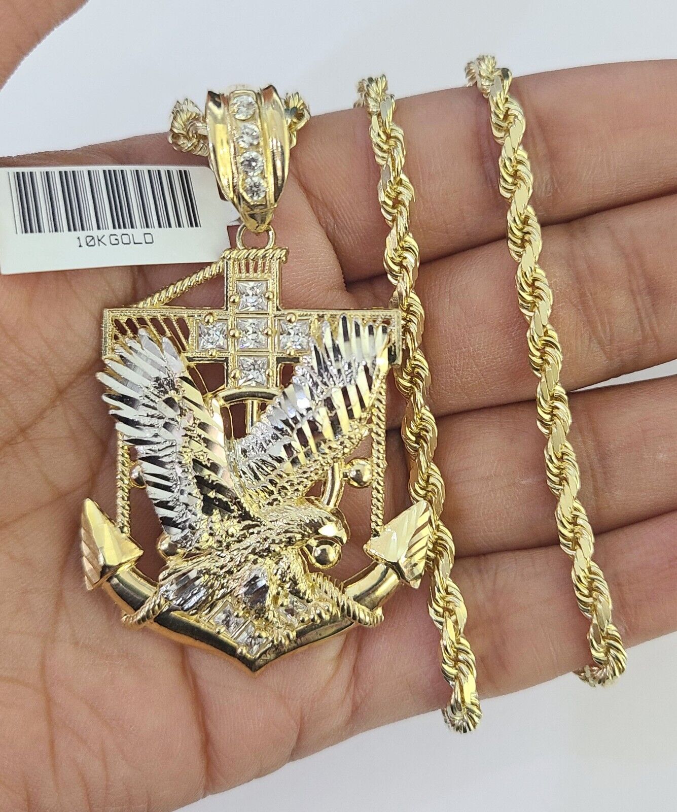 10k Solid Rope Chain Eagle Anchor Charm Set 4mm 18"-30" Necklace Gold Pendant