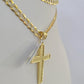 10k Gold Chain Cross Charm Solid Cuban Curb Link 5mm 18"-28" Inch DiamondCut SET