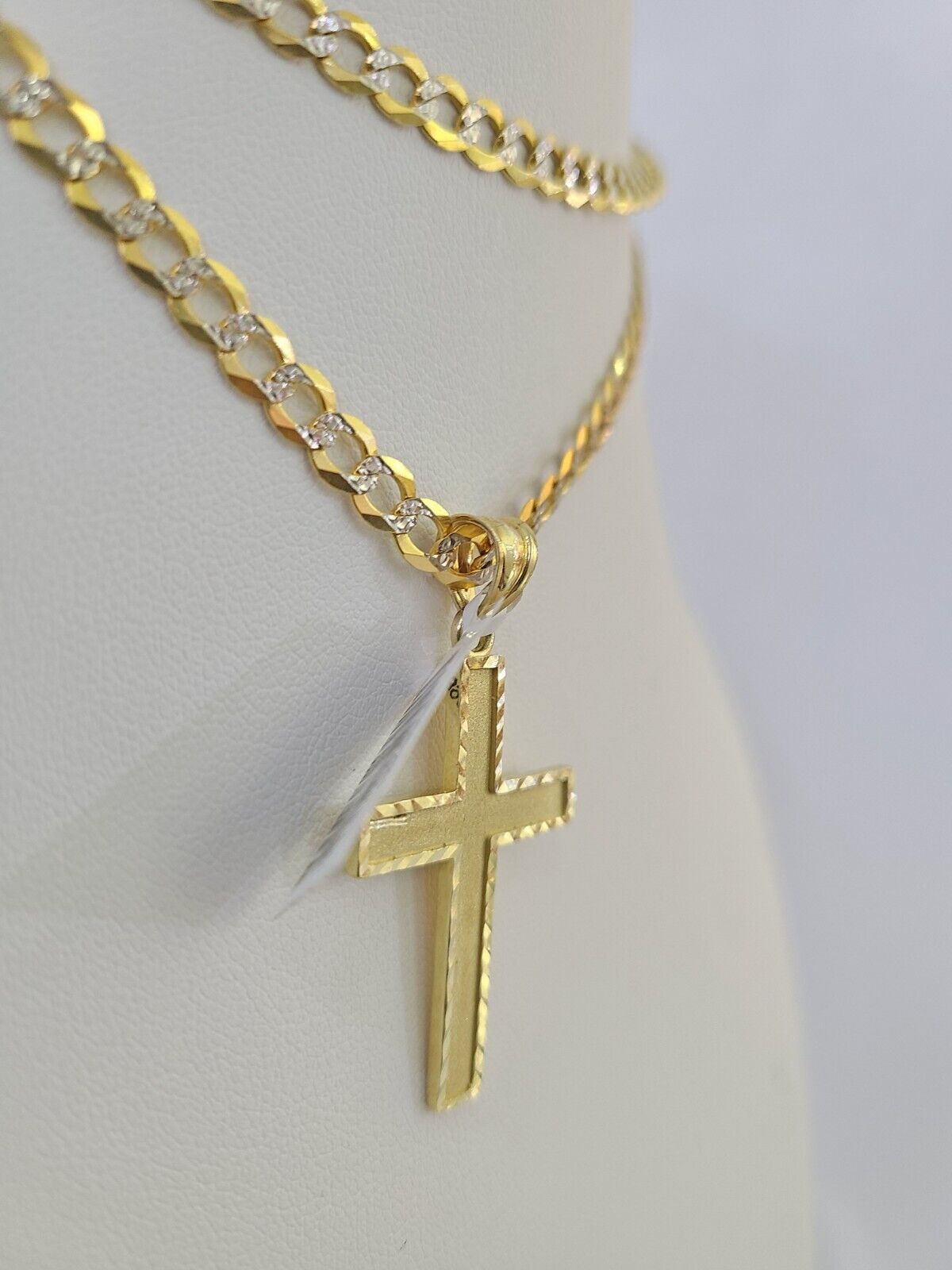 10k Gold Chain Cross Charm Solid Cuban Curb Link 5mm 18"-28" Inch DiamondCut SET