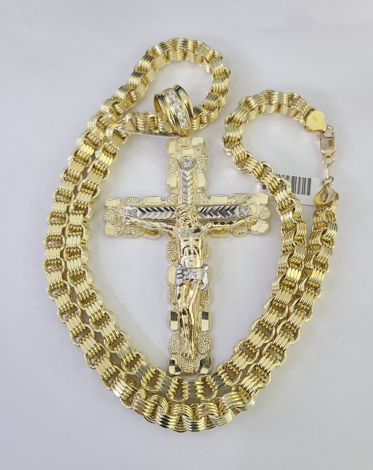 10k Gold Byzantine Necklace Jesus Cross Charm Pendant 20"-30" 8mm REAL SET Chain