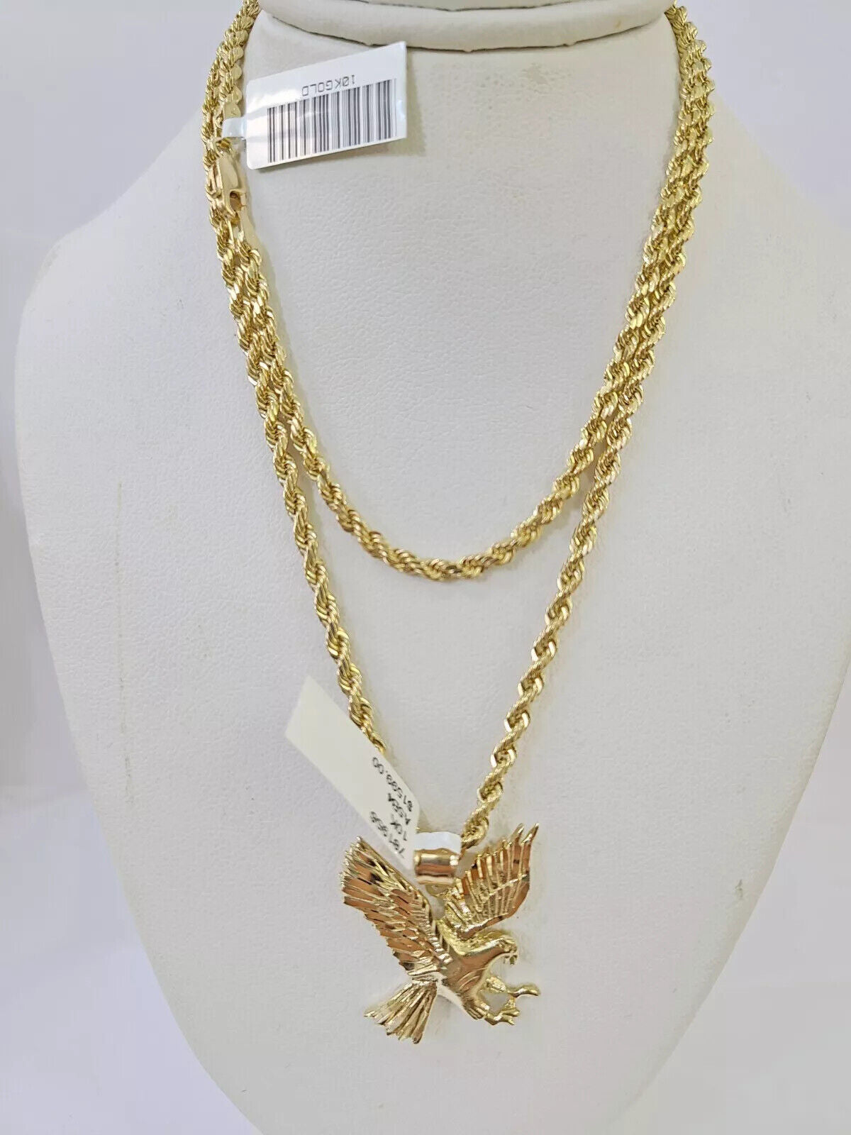 Real 10k Solid Rope Chain Flying Eagle Charm Pendant SET Necklace 3mm 20-30 Inch