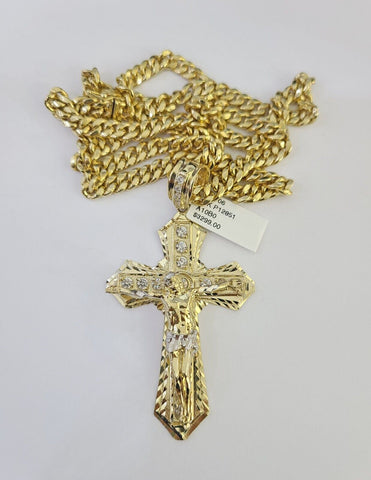 10K Miami Cuban Link Chain Jesus Cross Pendent Charm 6mm 20"-30" Necklace