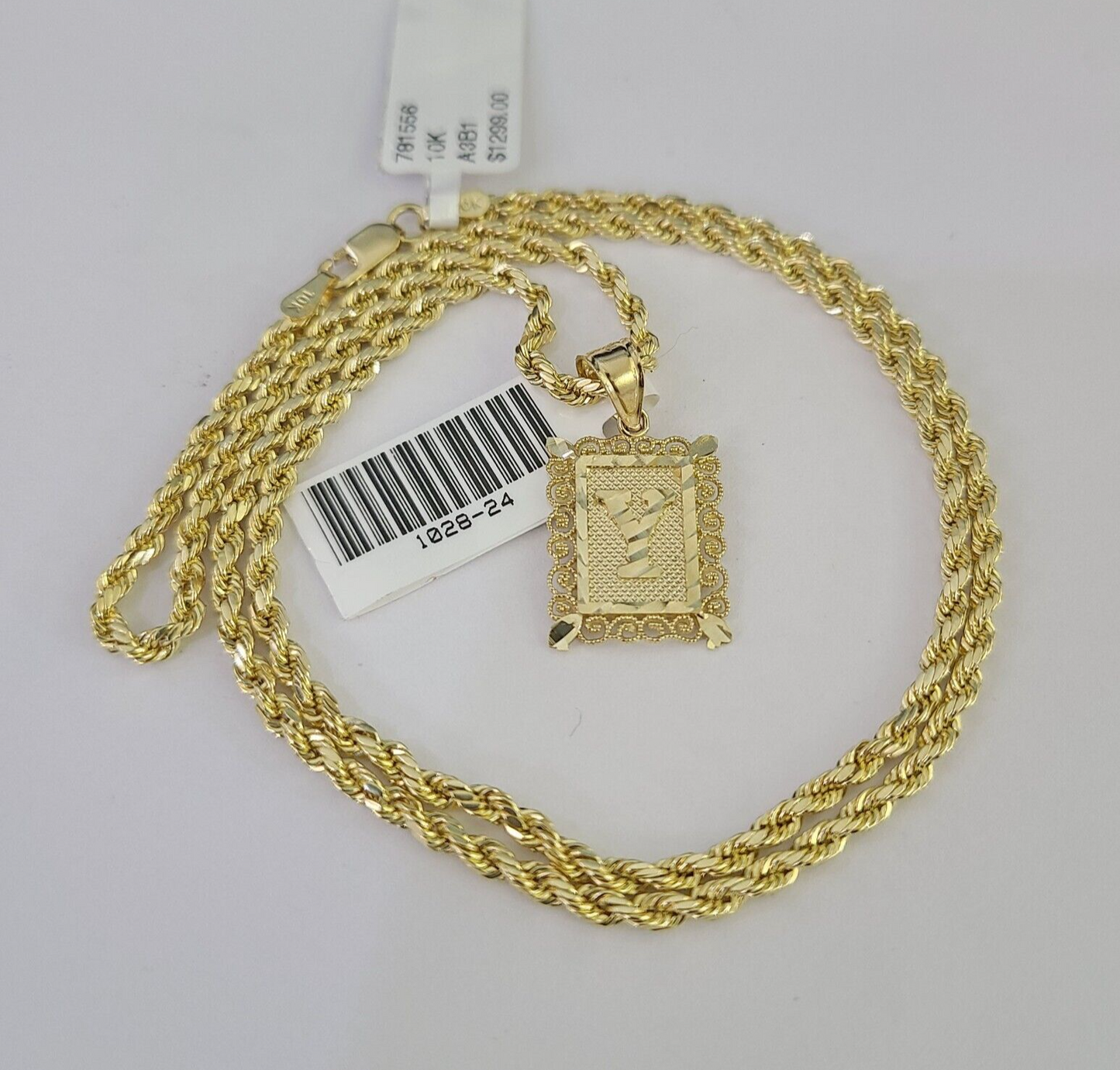 10k Gold Initial Y Charm Rope Chain 16"-26" 2.5mm SET Necklace Alphabet Pendant