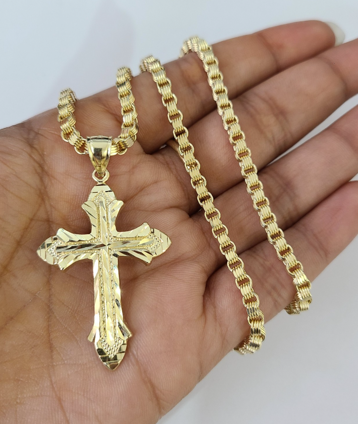 10k Gold Byzantine Necklace Jesus Cross Charm 20-30 inch 3mm Pendant SET