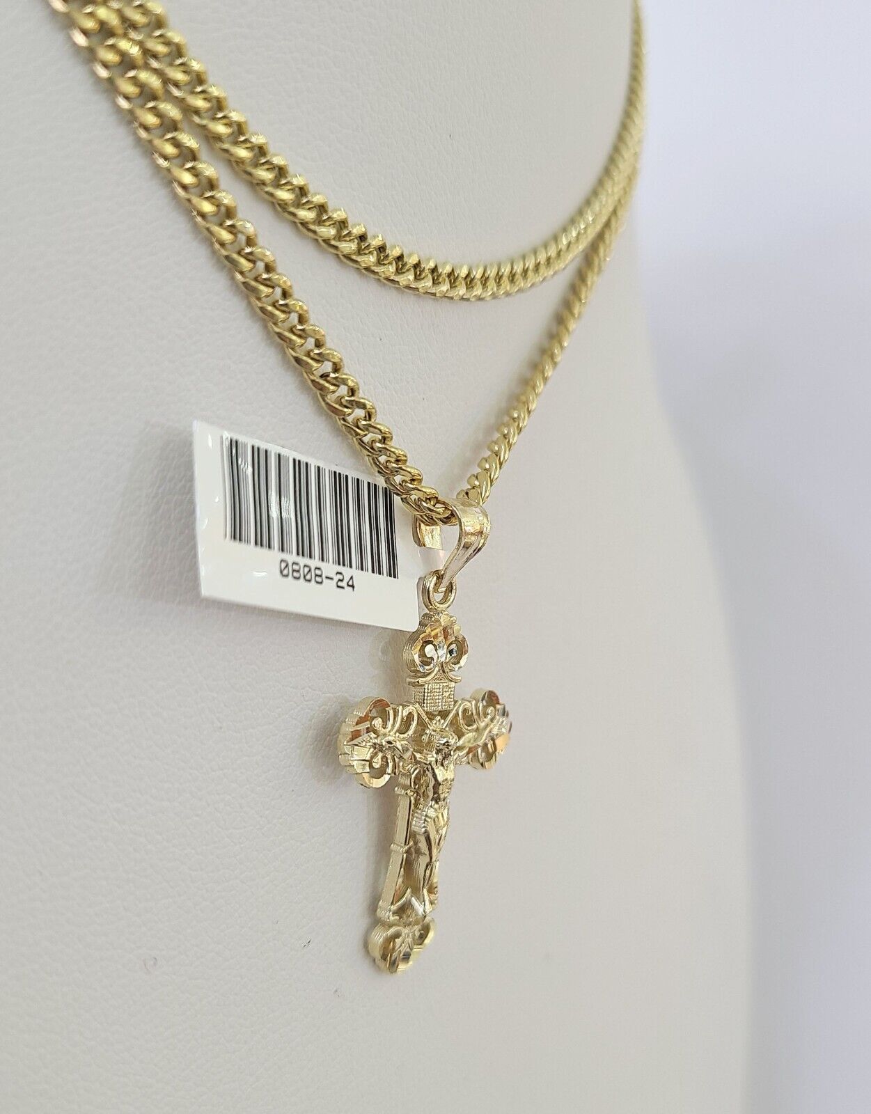 10K Gold Miami Cuban Chain Jesus Cross Charm 18"-30" 3mm REAL Pendant