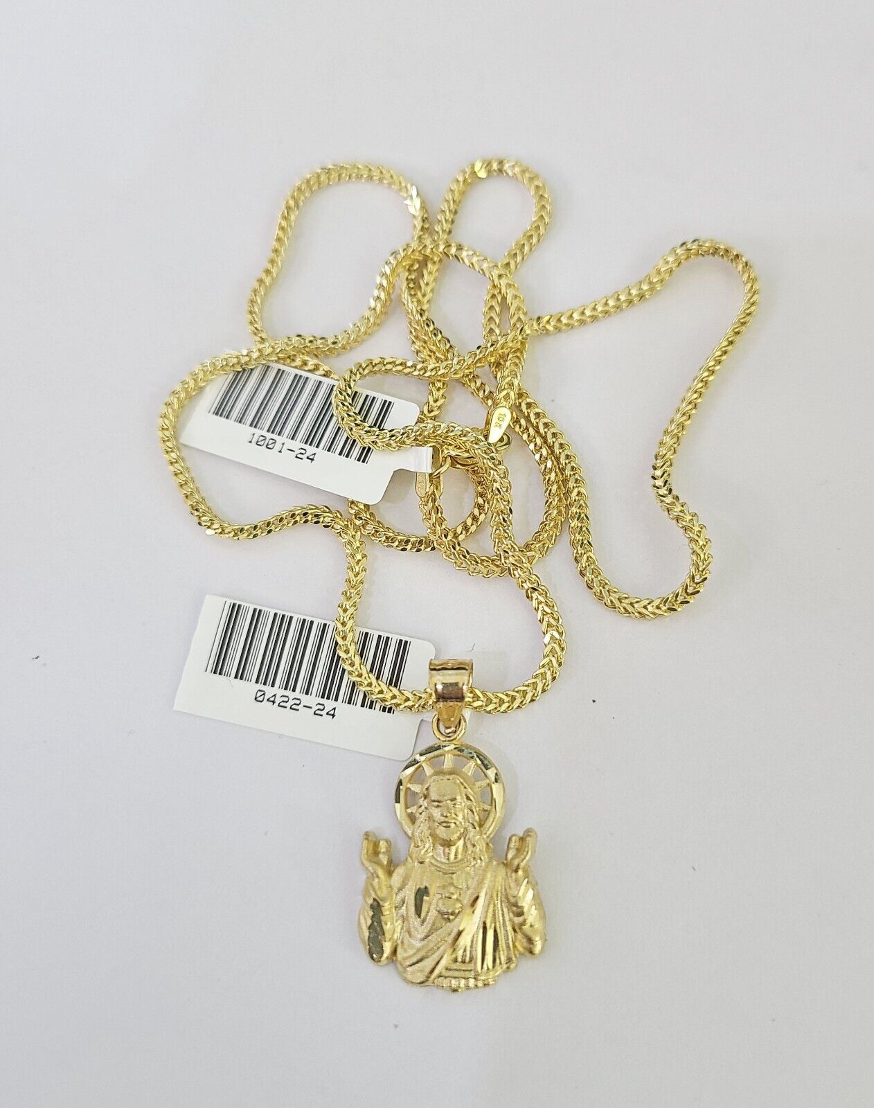 10K Franco Chain Jesus Pendant Charm Necklace 16"-24" 2mm Yellow Gold SET