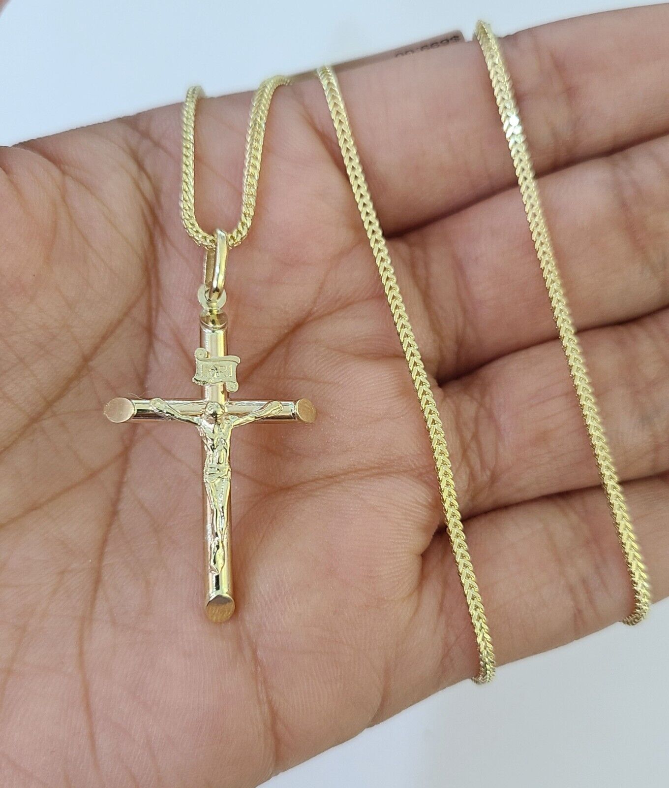 10K Gold Franco Chain INRI Cross Charm SET Length 16-20 Inches 1mm Ladies Women