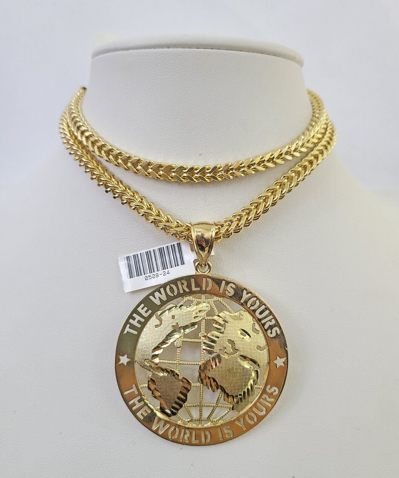 10K Franco Chain World is Yours Pendant Charm Necklace 20"-26" 5mm Gold SET