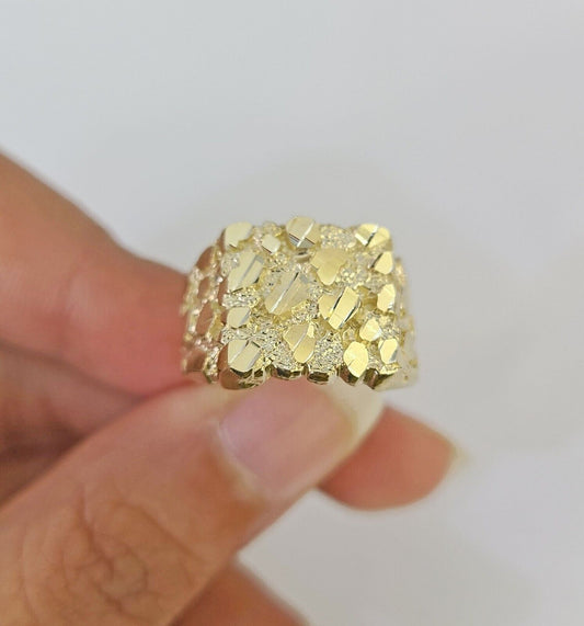 Real 10k Nugget Ring Yellow Gold Men Casual Square Ring 10kt