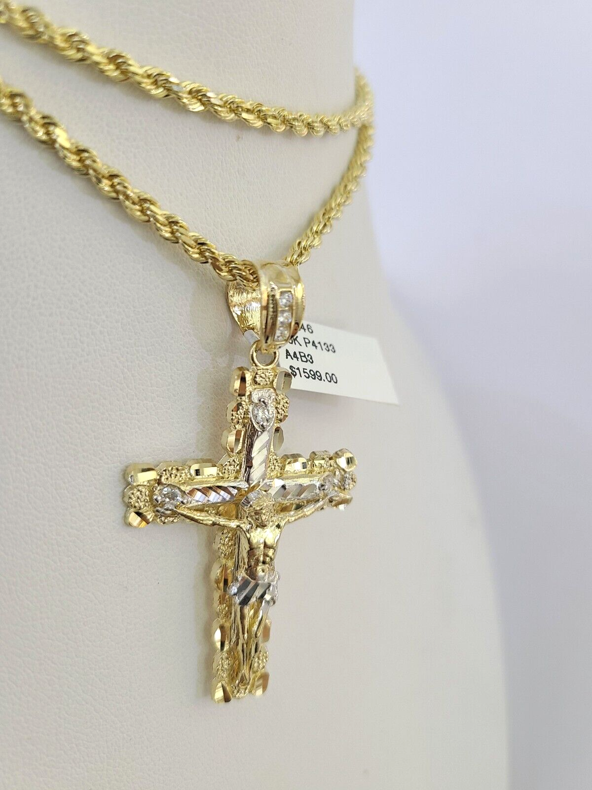 10k Solid Rope Chain 3mm Jesus Cross Pendant Charm Necklace SET 18-26 in