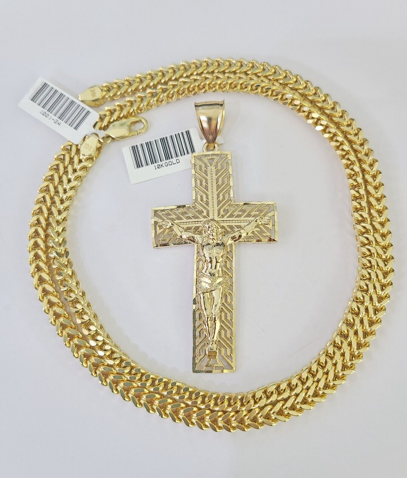 10K Franco Chain Jesus Cross Pendant Charm Necklace 20"-26" 5mm Gold SET Yellow