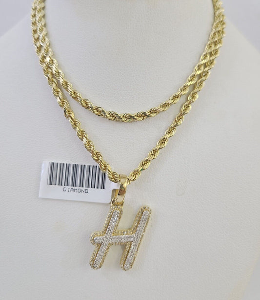 10k 3mm Rope Solid Chain H Diamond Pendant Alphabet 18"-28" Gold Charm Necklace