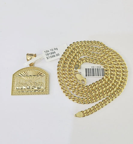10k Yellow Gold Chain Last Supper Charm Pendant Set 5mm Miami Cuban Necklace