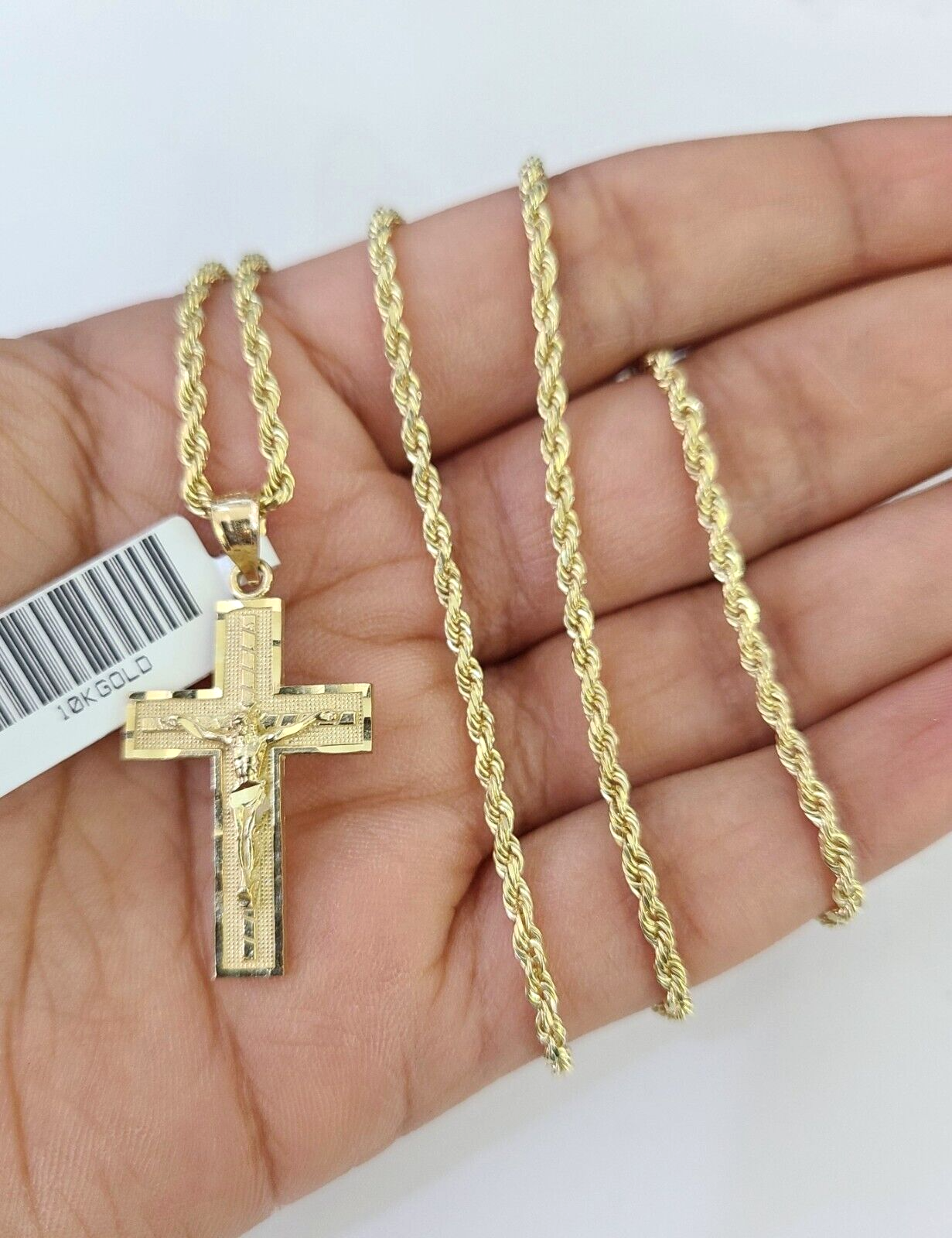 10k Solid Rope Chain 2mm Jesus Crucifix Cross Pendant Charm Necklace SET 18-24"