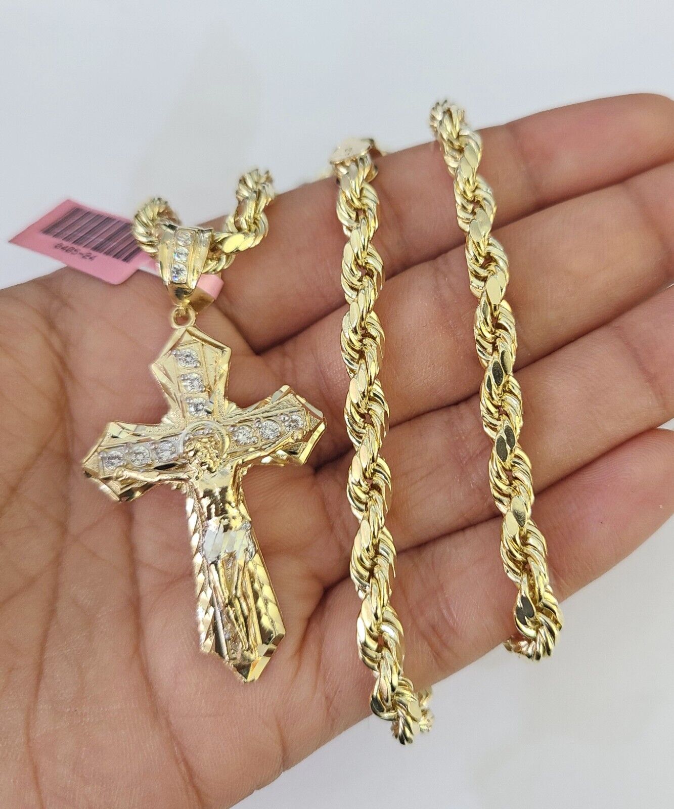 Real 14k Rope Chain Jesus Cross Charm Set 6mm 18"-28" Necklace Yellow Gold