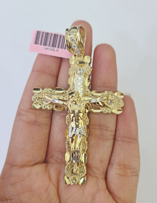 14k Yellow Gold Nugget Cross Charm Pendant Jesus REAL 14KT With Cubic Zirconia