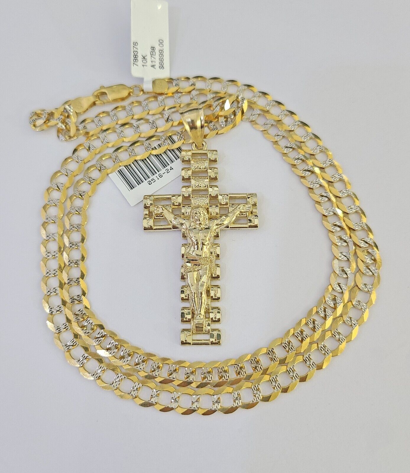 10k Solid Gold Cuban Curb Chain Jesus Cross Pendant 6mm 20"-30" SET Necklace