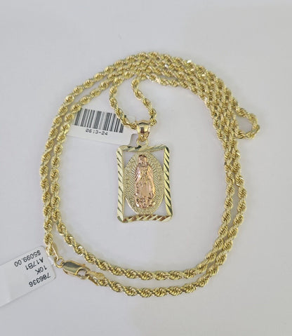 10k Solid Rope Chain 3mm Virgin Mary Pendant Charm Necklace SET 18-28 in