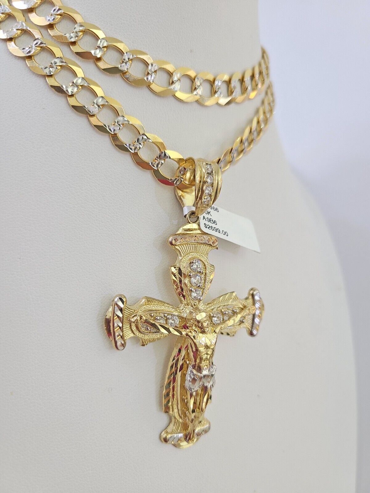 10k Gold Chain Cross Charm Solid Cuban Curb Necklace 9mm 20"-30" Diamond Cut SET