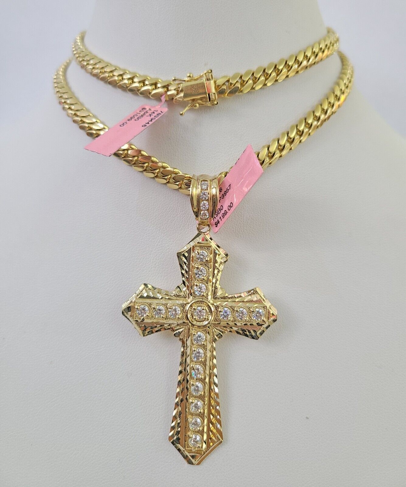 Real 14k Solid Chain Cross Charm Set Miami Cuban Link 6mm Necklace Pendant Gold