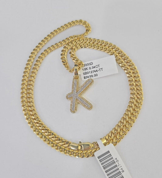 10k Miami Cuban Chain K Diamond Charm Set 4mm 18-26"Yellow Gold Necklace Pendant