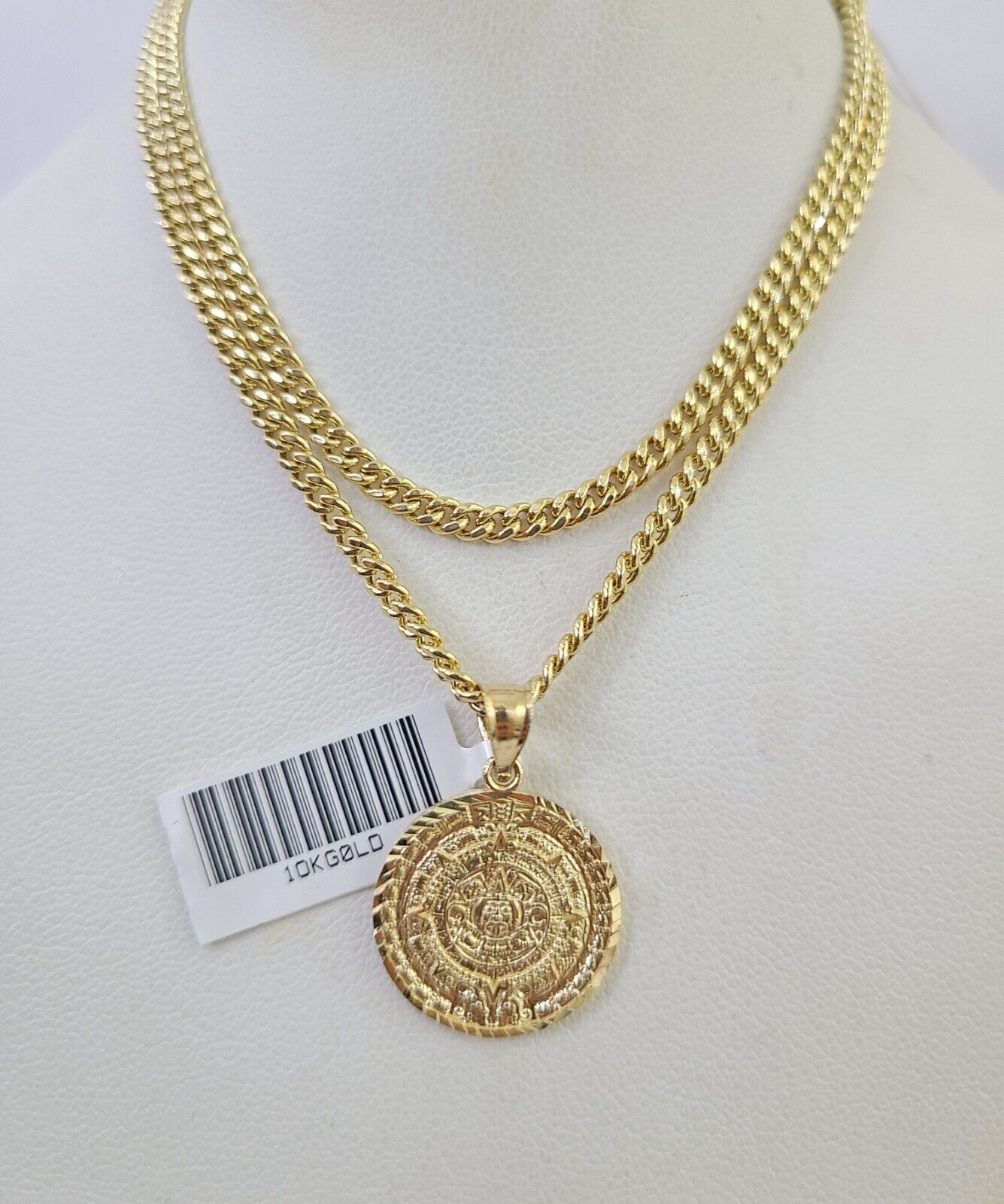 10K Gold Miami Cuban Chain Mayan Calendar 18"-28" 3mm REAL Pendant Necklace SET