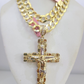 14k Gold Chain Jesus Cross Charm Solid Cuban Curb 10mm 20"-30" SET Necklace