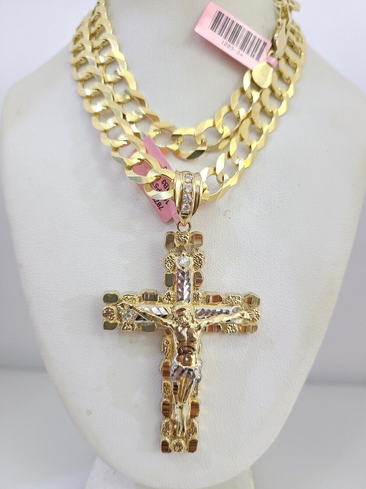 14k Gold Chain Jesus Cross Charm Solid Cuban Curb 10mm 20"-30" SET Necklace